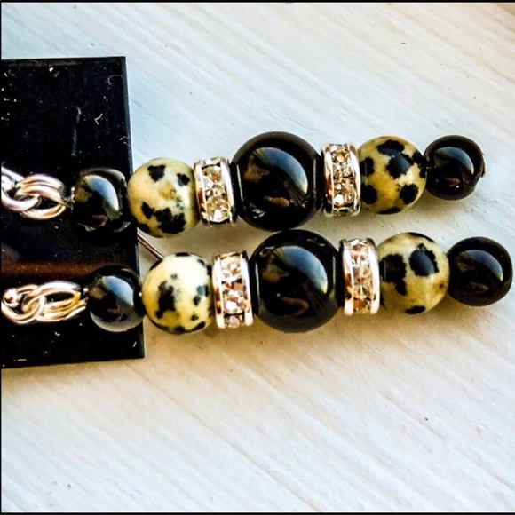 Dalmatian Jasper/Onyx/rhinestone/sterling silver earrings Handmade (by m… - Picture 2 of 6